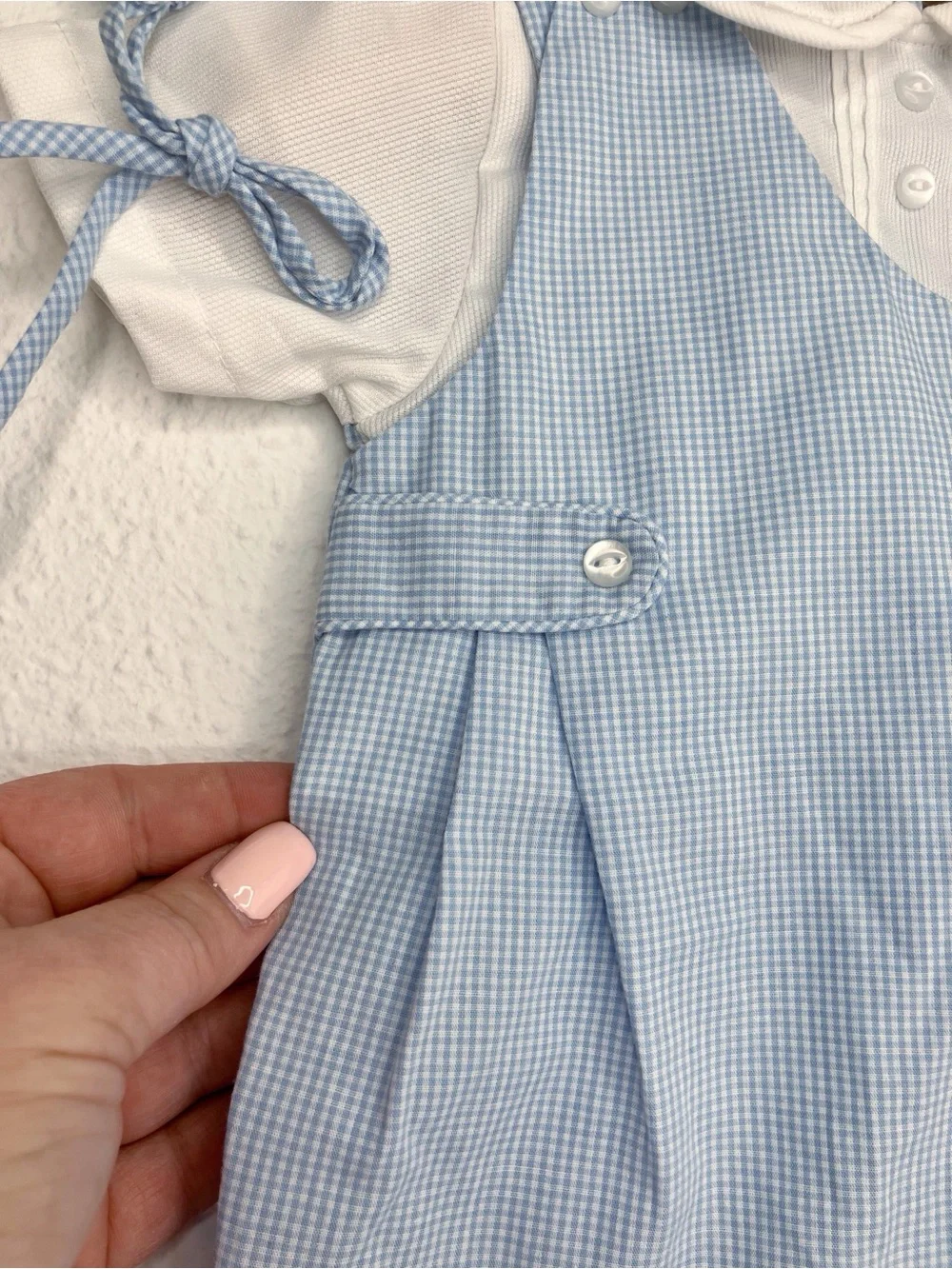 NWT Petit Ami one piece romper w/ hat blue and white gingham Jon Jon 3 months